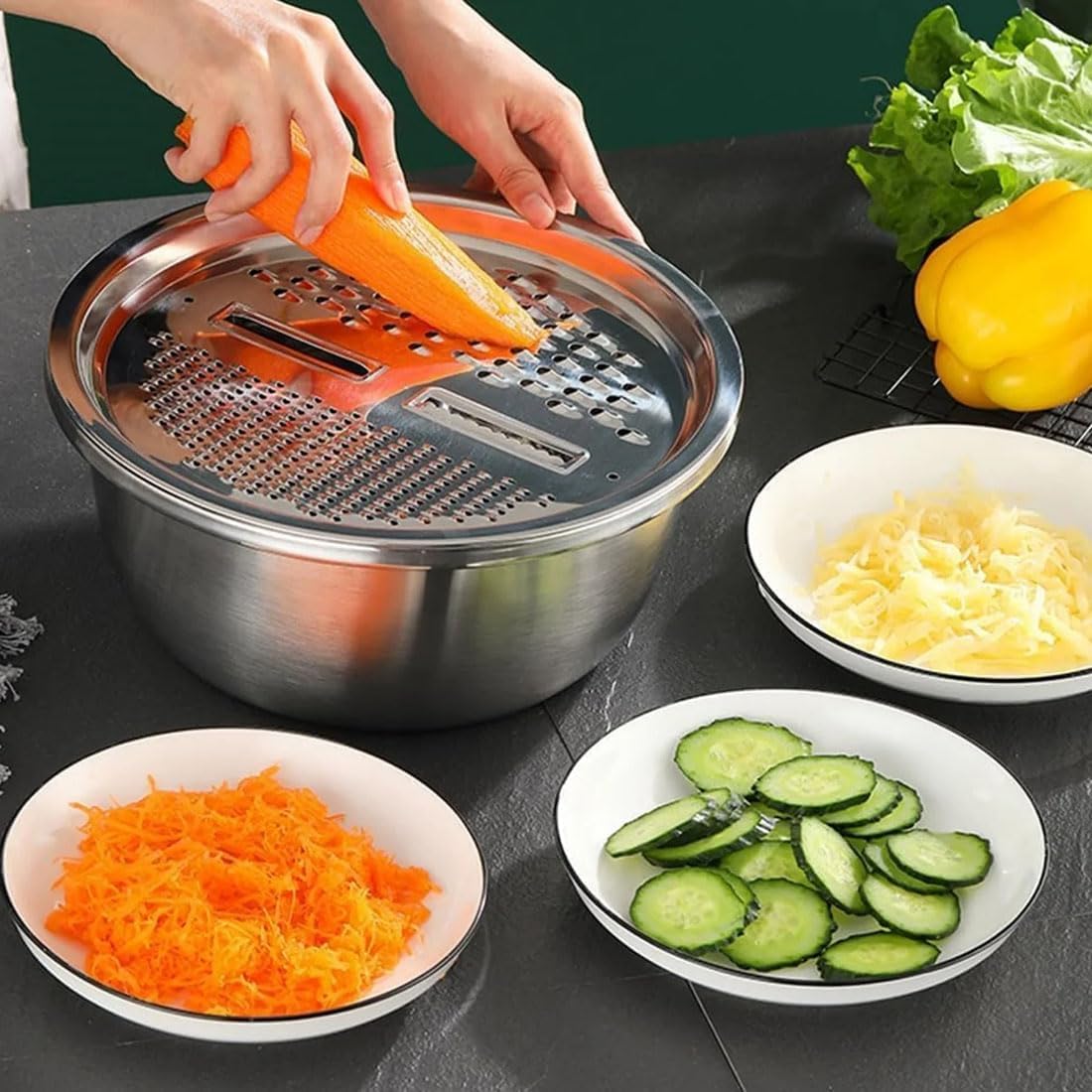 German Quality 3-in-1 Stainless Steel Grater Bowl, Germany Multifunctional Stainless Steel Basin with Strainer & Colander, Mixing Bowls Stainless Steel Set for Kitchen (S+M+L(3Pcs))