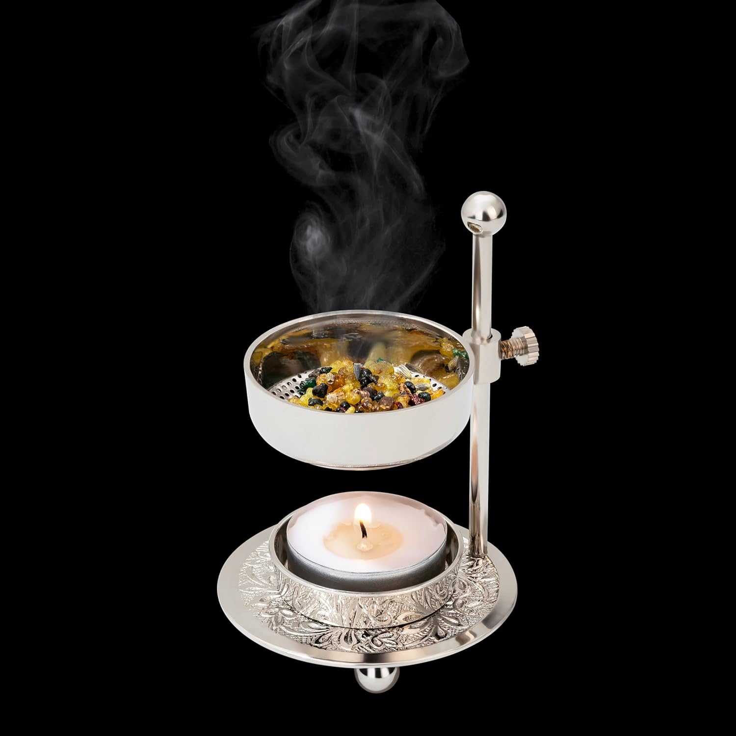 Premium Handmade Nickel-Plated Brass Incense Burner [Silver] with Adjustable Height (4.33 inch) – Includes Screen and Tealight for Perfect Smoking Experience