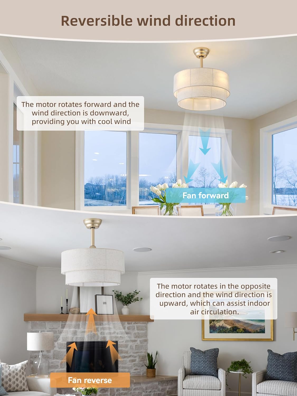 20" Boho Fandelier Ceiling Fans with Lights, Fabric Chandelier Ceiling Fan with Light Remote Control, Caged with 6 Speeds for Living Room, Bedroom, Nursery.