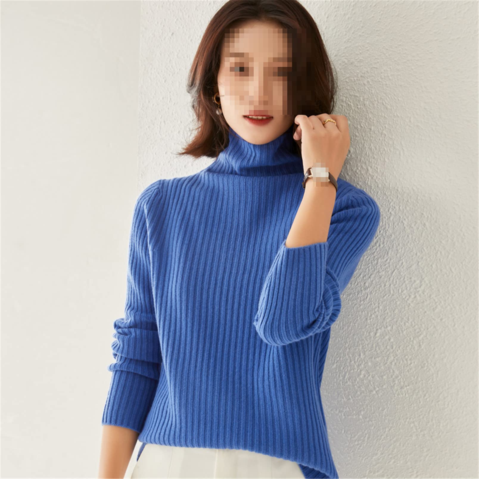 Damski sweter z czystej wełny wysoki kołnierz kaszmirowy sweter gruby jednolity kolor dzianinowy ciepły sweter, Kawa, XL