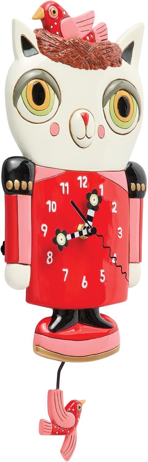 Enesco Allen Designs Cat and Bird Such Nuts Battery-Operated Pendulum Wall Clock, 12.01 Inch, Multicolor