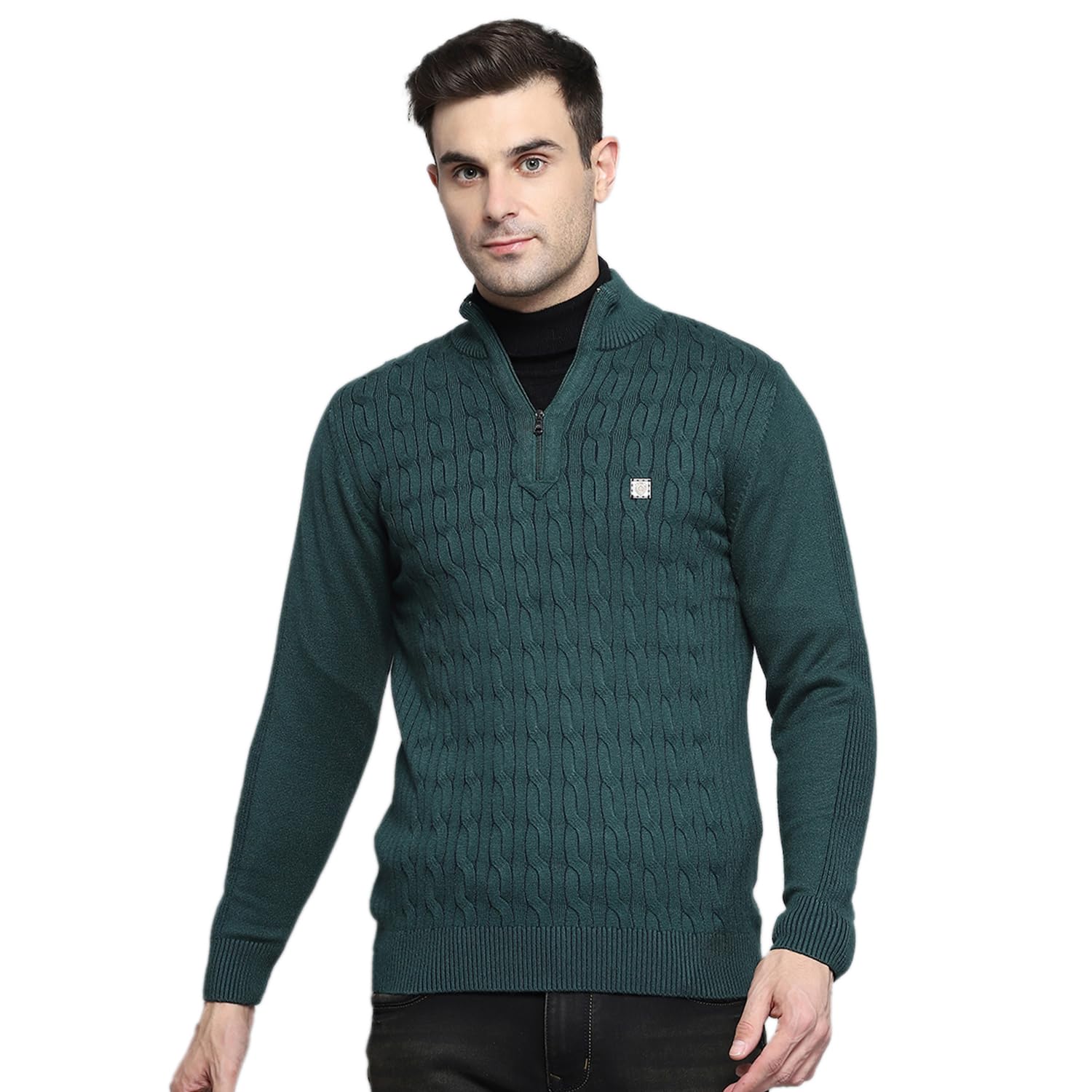 Mens Self Design Green Mock Neck Full Sleeves Pullover