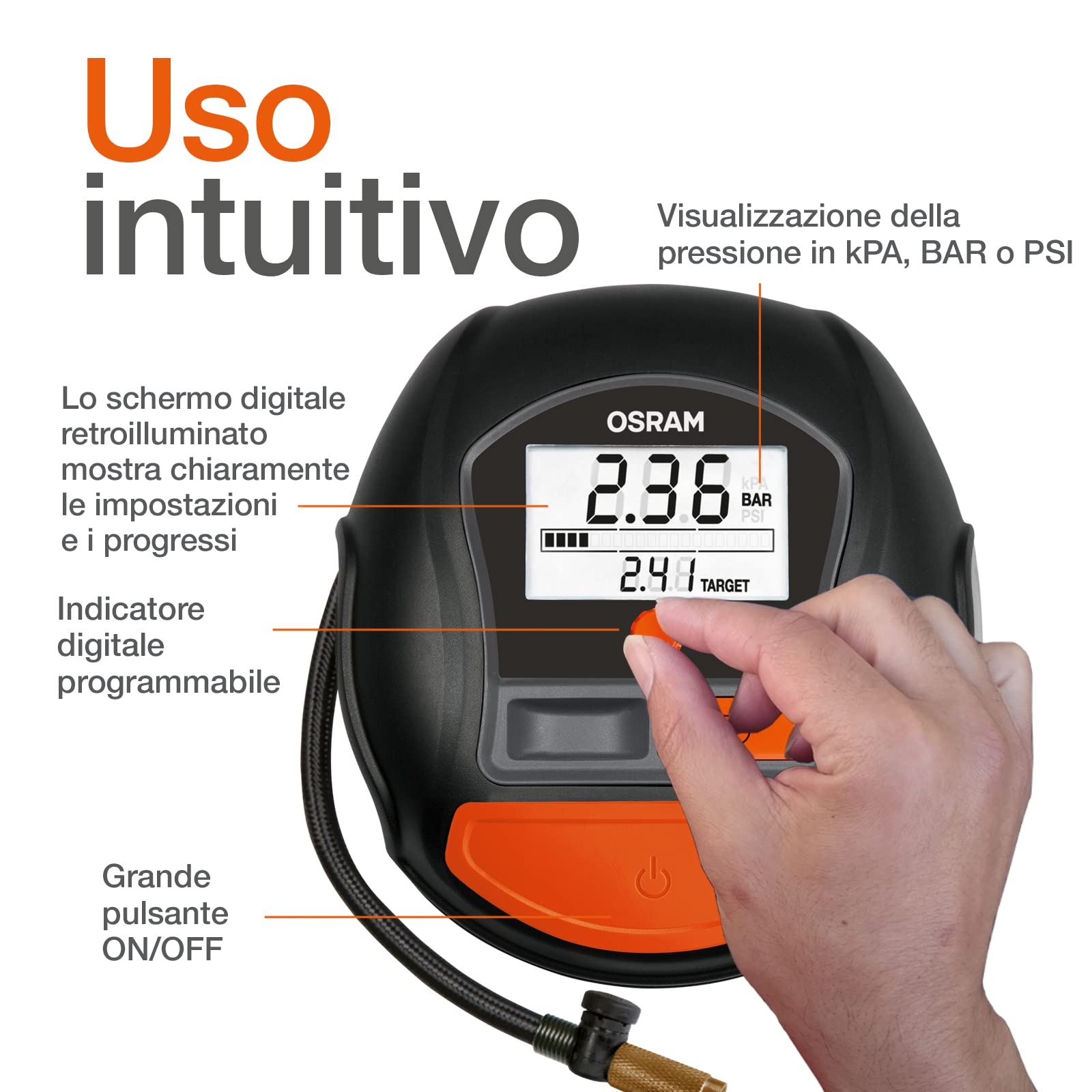 OSRAM TYREinflate RAPID, compressore d'aria digitale a 12 V, compressore portatile, autostop, luce LED, programmabile, pompa elettrica per pneumatici, collegamento 12V, gonfiaggio in 2 min