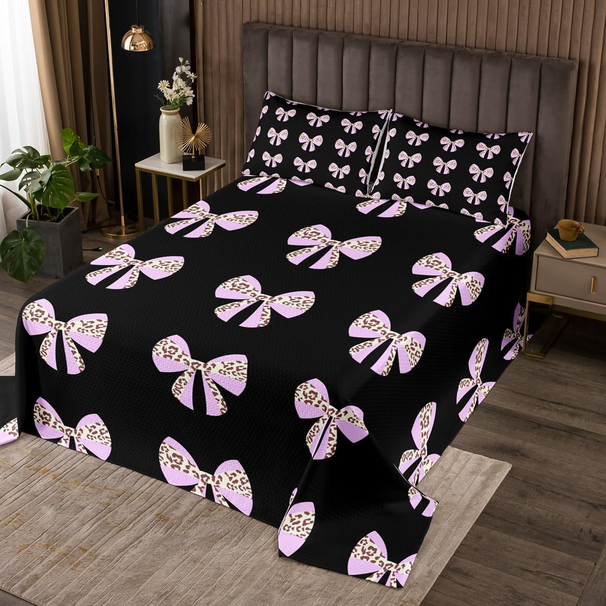 Homewish Purple Bowknot Bedspread Twin Size,Leopard Print Bedding Sets for Kids Girls Boys Teens Adult Room Decor,Simple Butterfly Knot Comforter Set Cute Black Backgroud Quilt Set,1 Pillowcase