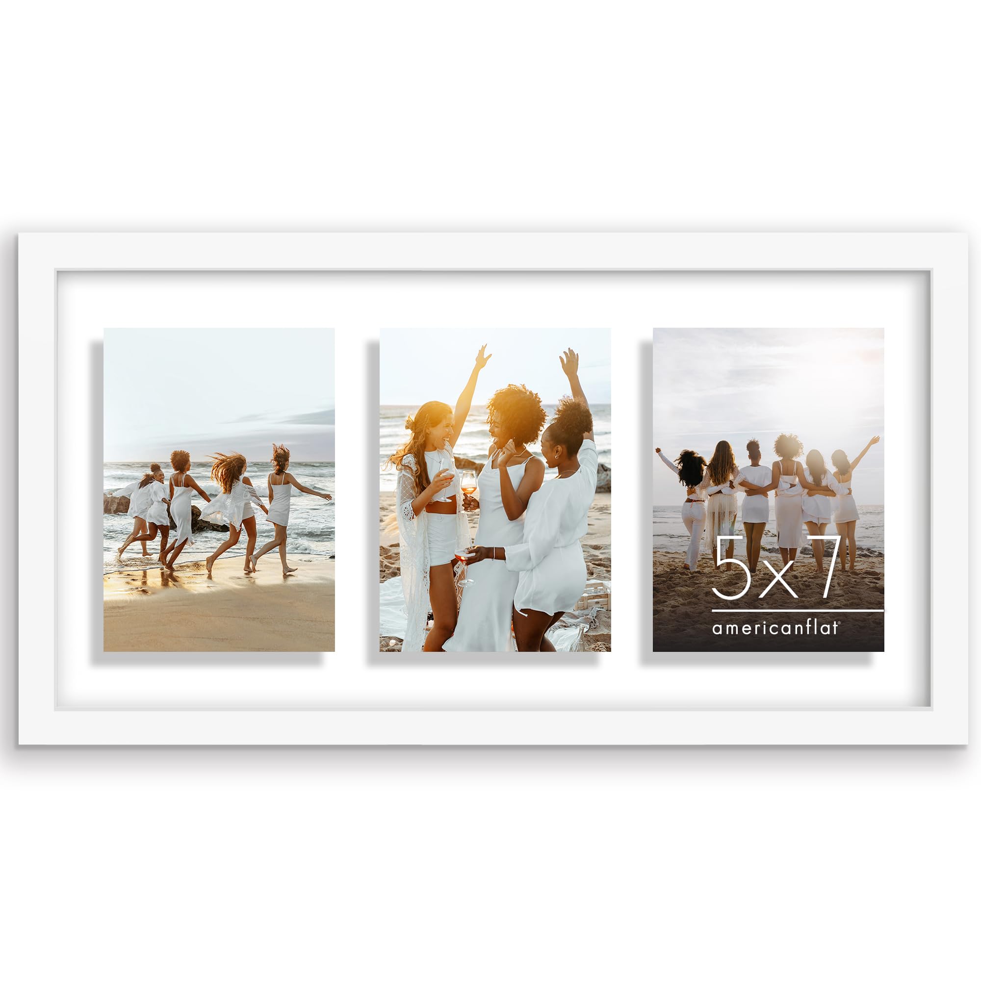 Americanflat 10x20 Collage Frame in White - Use as Three 5x7 Picture Frames with Floating Effect or One 10x20 Picture Frame - Slim Molding Photo Frame with Engineered Wood and Shatter-Resistant Glass