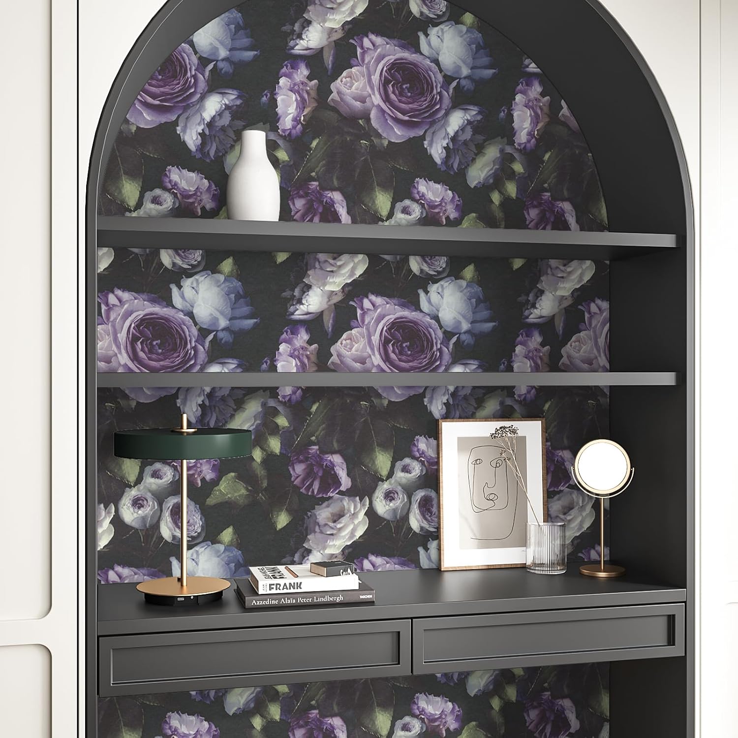 VEELIKE Moody Purple Rose Floral Wallpaper Peel and Stick Vintage Dark Flower Wallpaper for Girls Bedroom Bathroom 17.7''x354'' Self Adhesive Removable Floral Contact Paper for Cabinets Shelves Walls