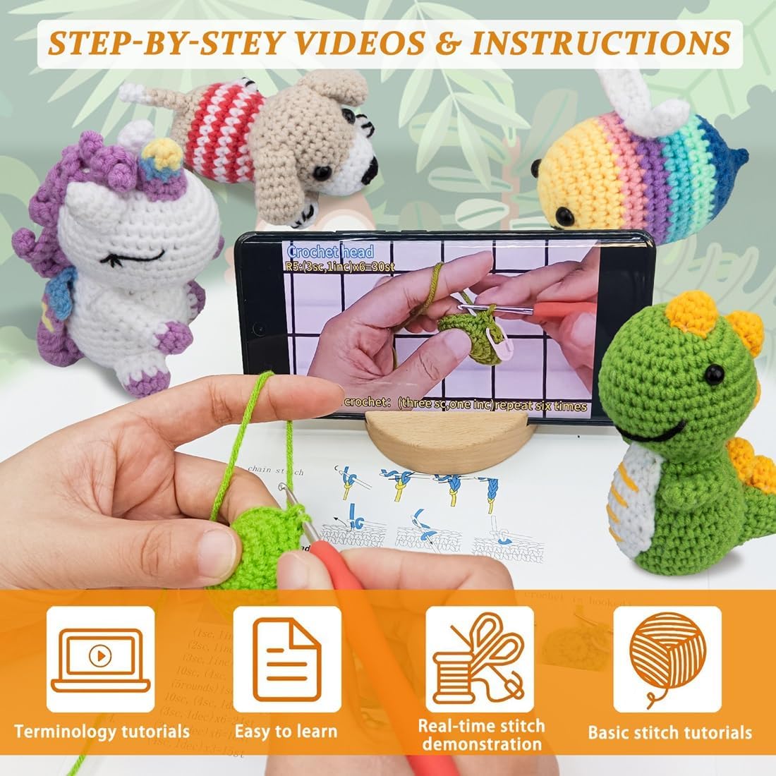 Crochet Kit for Beginners – 6 PCS Crochet Animal Kit, Knitting Beginners Kit with Step by Step Videos, Yarn, Crochet Hook, Great Birthday Holiday Gift (Knitting Kit 2)