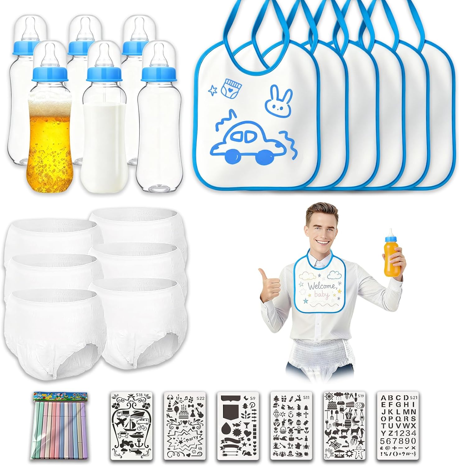 6 Sets Baby Bottle Games Shower DIY Adult Bibs for Diaper Game Plastic Bottles for Baby Shower Games,Gender Reveal Chugging Game Supplies with Disposable Bibs for Party Fun (Light Blue)