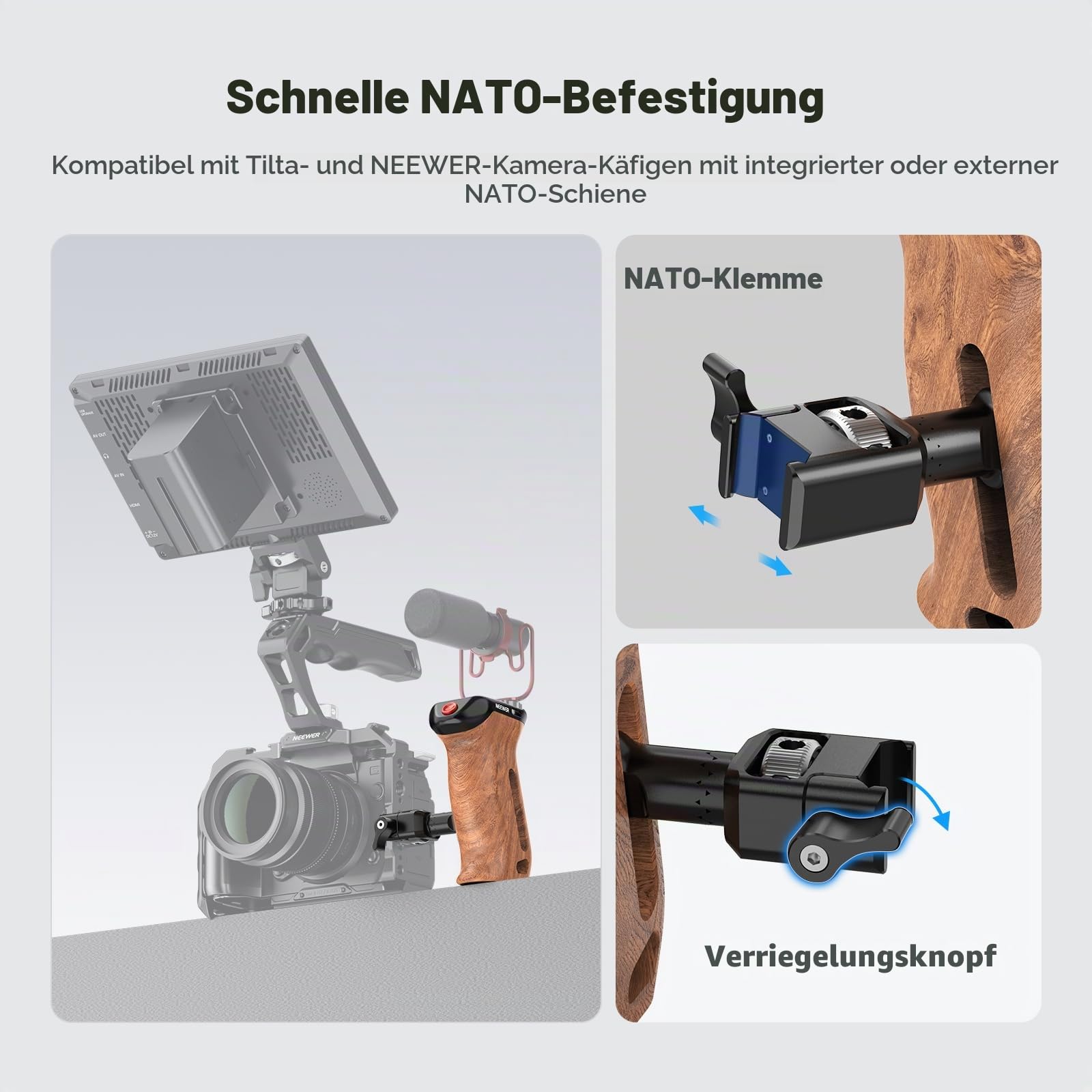NEEWER Side Handle Holz Seitengriff mit Fernauslöser für Aufnahme Start/Stopp, NATO Klemme 1/4" und 3/8" Gewinde vertikale Einstellung Kompatibel mit SmallRig Camera Cage Sony Fujifilm Panasonic CA123