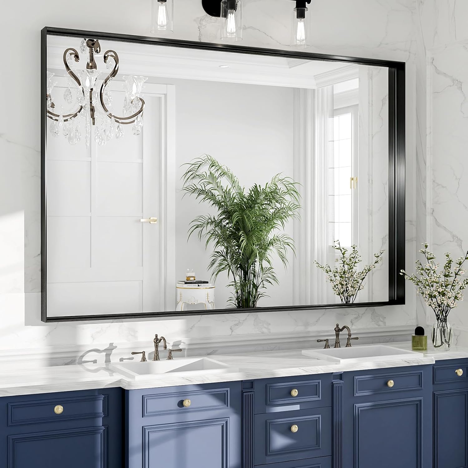 Black Bathroom Mirror 48x36, Wall Mounted Rectangular Vanity Mirror, Brushed Matte Frame, HD Distortion-Free Tempered Glass, Anti-Rust, Horizontal Vertical, Hardware Included