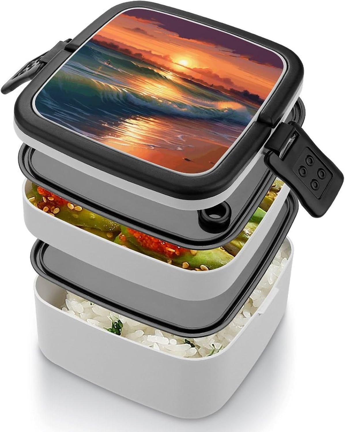 Sunset Seaside Bento Box Adult Lunch Box Containers with Spoons Double Layered Lunch Containers Portable Lunch Boxes Food Container for Work Picnic Travel