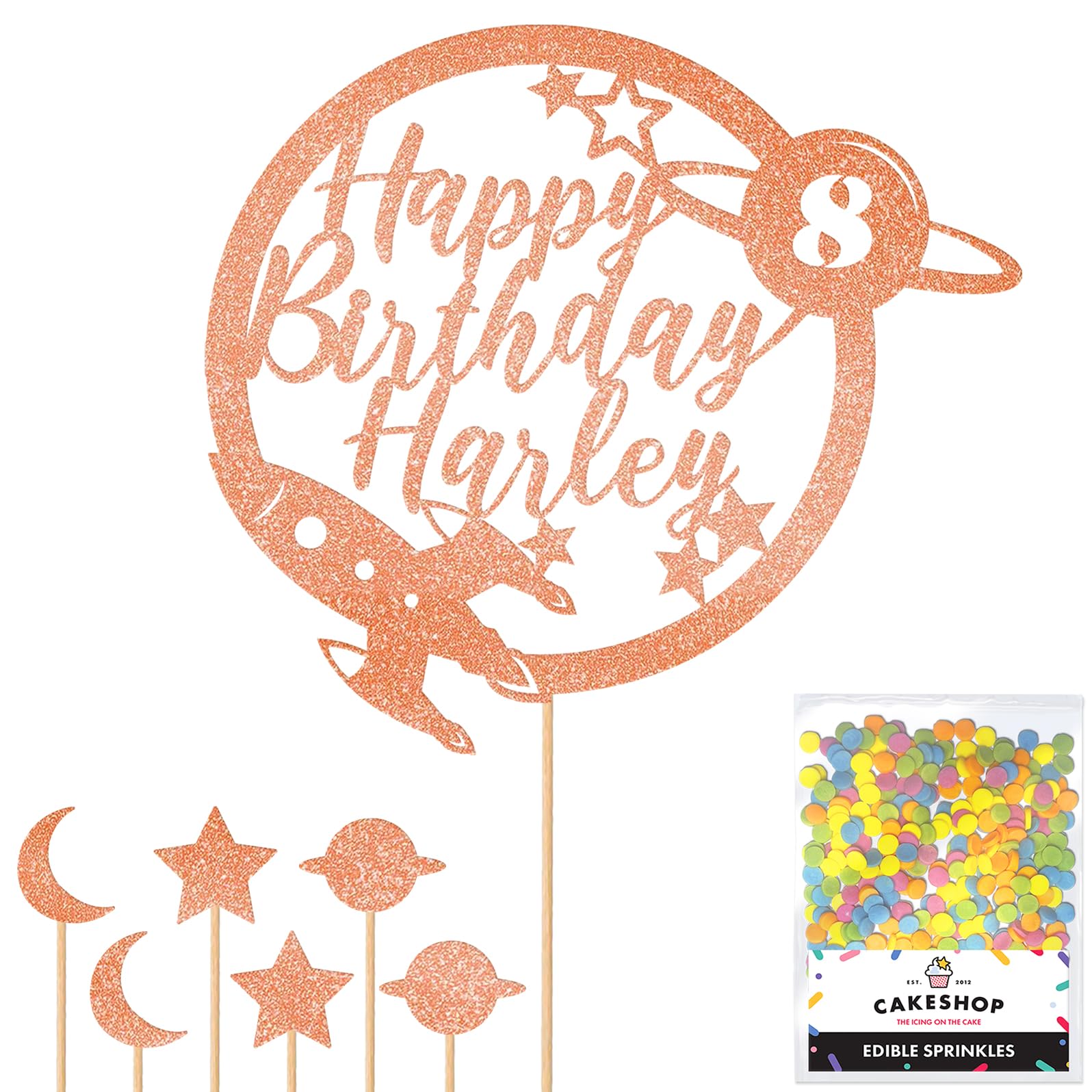 Personalised Space Rocket Planet Glitter Cake Topper Rose Gold Any Custom Age & Name Glitter Cake Decoration and Sprinkles - Happy Birthday Decorations - Personalised Toppers for Cakes by Cakeshop