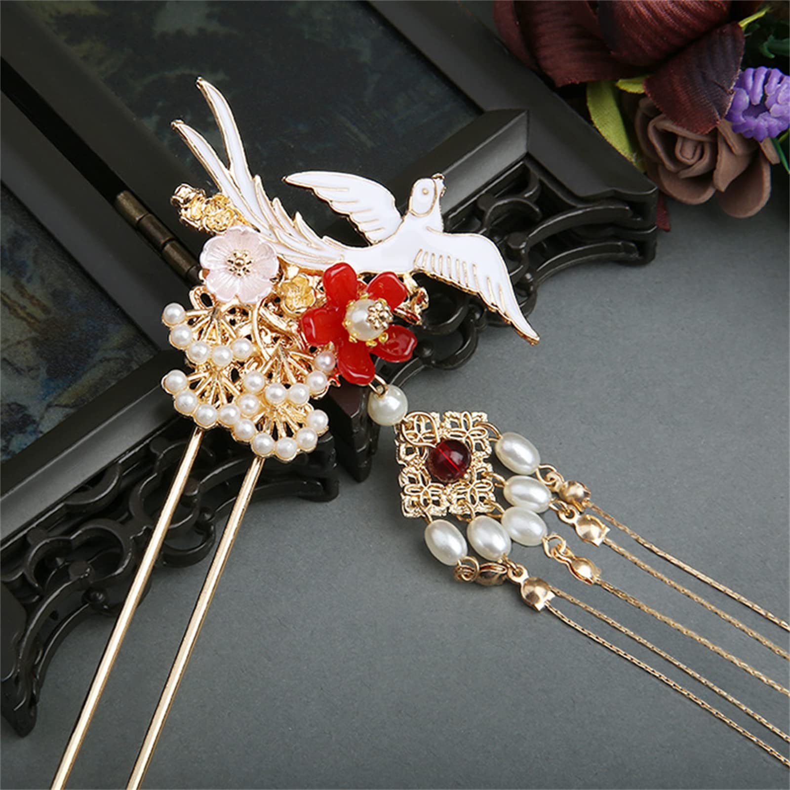 Amazon.com : Hanfu Phoenix Hairpin Gold Ancient Red Flower  display picture 2