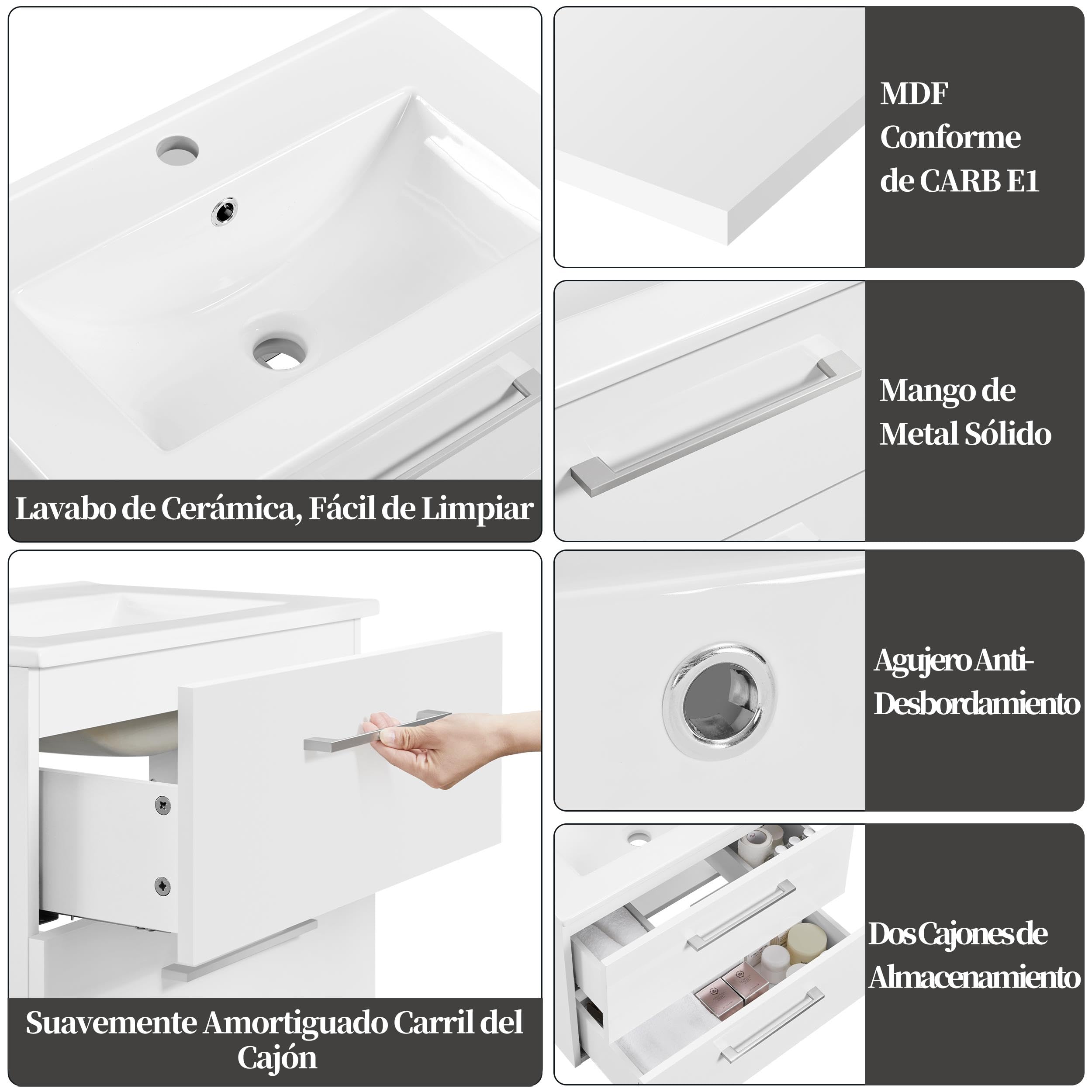 Yaheetech Mobile da Bagno Sospeso con Lavabo Integrato Lavatoio Bianco Moderno in Ceramica con 2 Cassetti Mobiletto con Lavandino Salvaspazio 61x39,5x45,5 cm