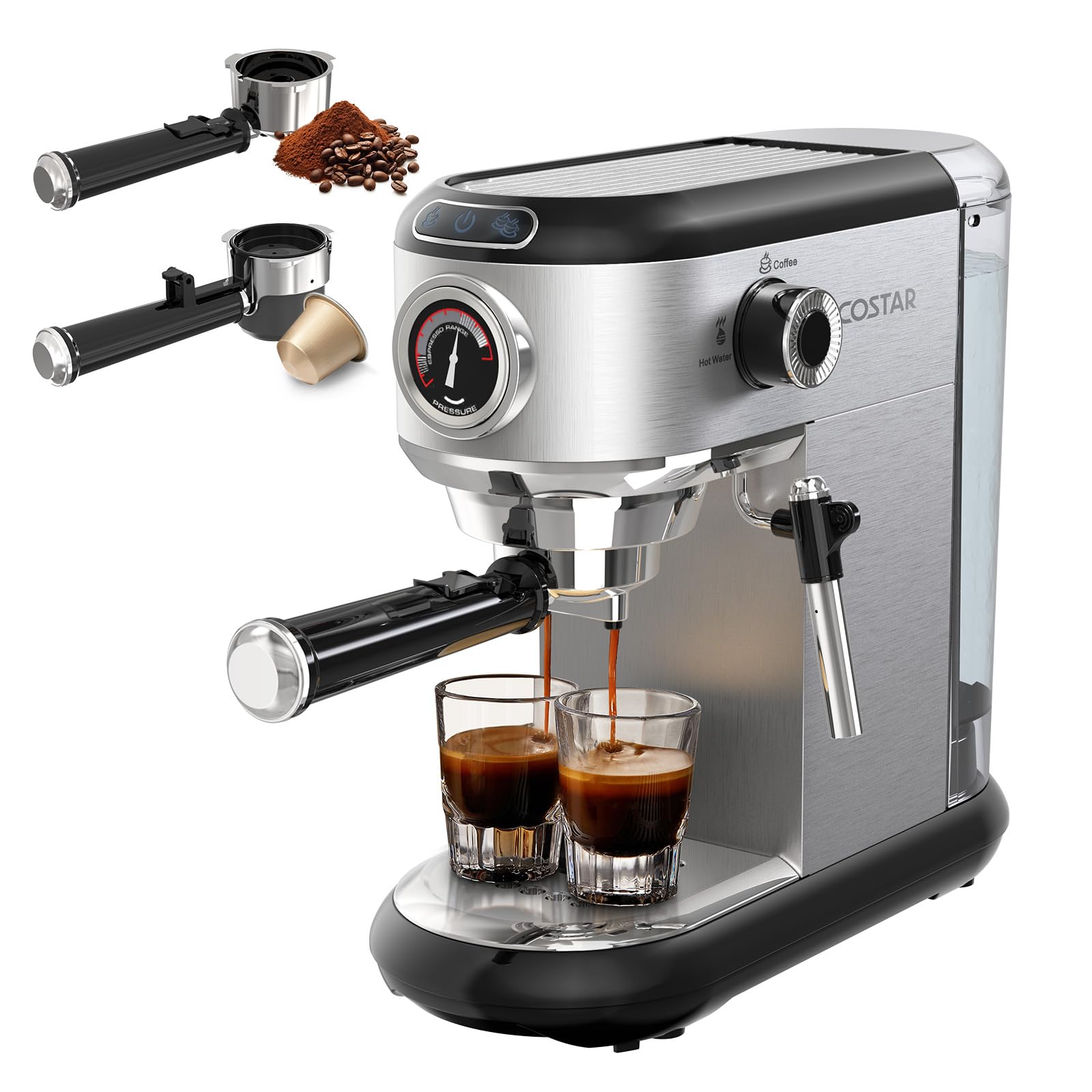 COSTAR Coffee Maker Machine for Home, Professional 20 Bar Espresso Machine for Ground Coffee&Capsules, Compact Stainless Steel Espresso Maker with Milk Frother Wand for Cappuccino, Latte, 1450W discount deal