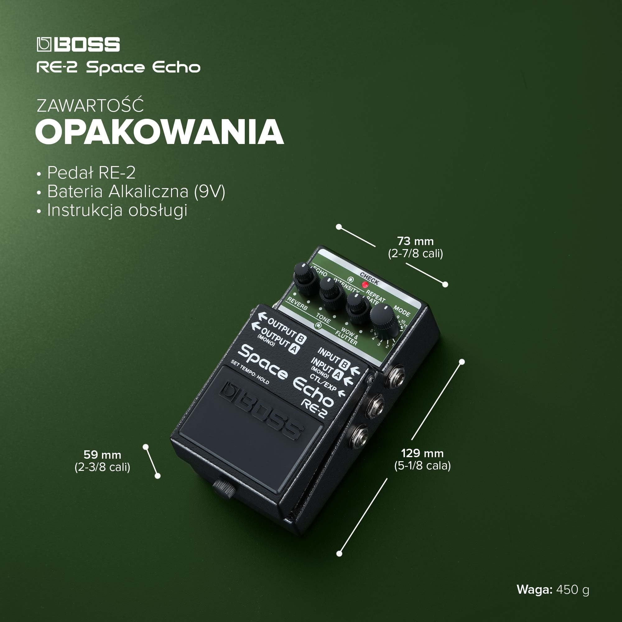 BOSS RE-2 Space Echo | Tape Delay Reverb Efekt Pedał | Nowoczesna, Kompaktowa Rekonstrukcja Legendarnego Roland RE-201 Space | True Stereo | Spring Reverb | Wow & Flutter