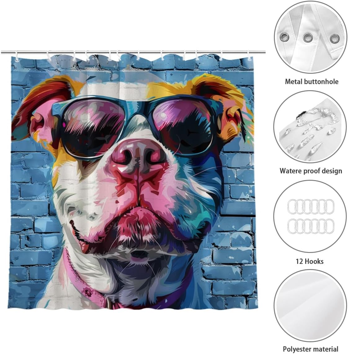 NGZ Pitbull Dog Shower Curtain with Sunglass Shower Curtain Farmhouse Flower Funny Rustic Blossom Fabric Bathroom Decor Set with Hooks(72Wx72H)