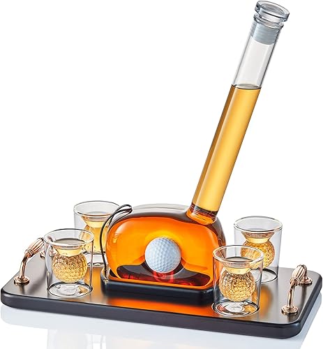 Golf Whiskey Decanter Set with 4 Golf Ball Shot Glasses - Golf Gifts For Husband