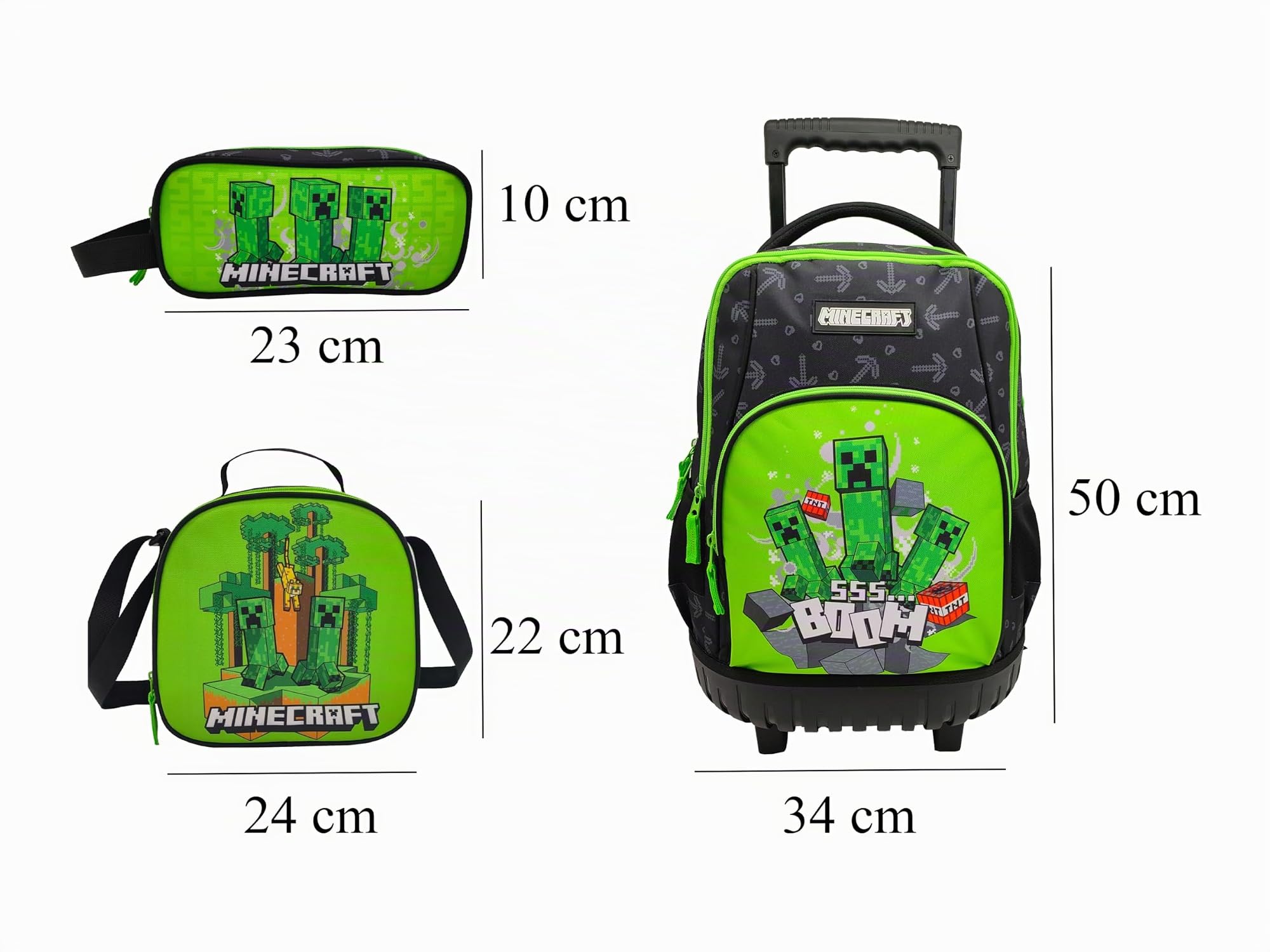 Set Trolley Compacto, Escolar, Viaje, 3 Pcs,Lonchera, Estuche, Color Verde, Producto Oficial, Minecraft
