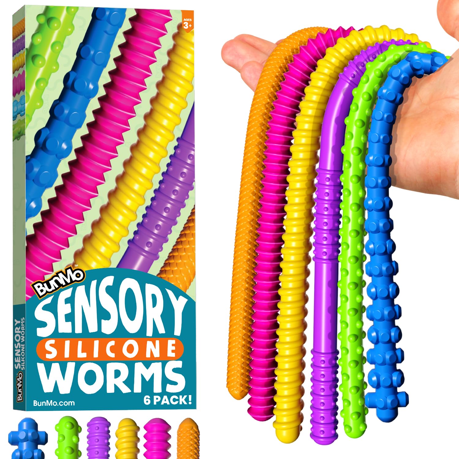 BunMo Silicone Stretchy Strings Sensory Toy – 6 Pack Fidget Worm Toy Set | Sensory Noodles for Kids | Bright, Textured, Fun Stretchy Noodles Fidget Toy for Tactile Play | Worm Toys for Fall Fun