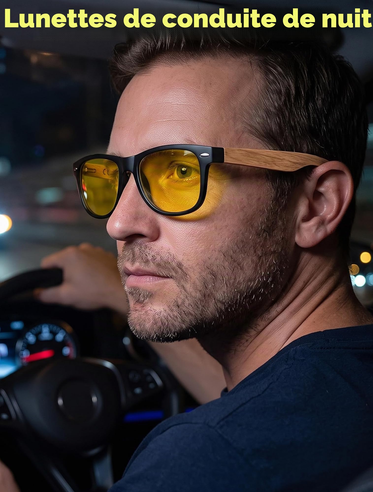 Lunettes en Bois Homme Femmes: Protection UV400, Conduite | Réduit l'Éblouissement des Phares pour Pluie Brouillard - Verres Jaunes - Non Polarisées