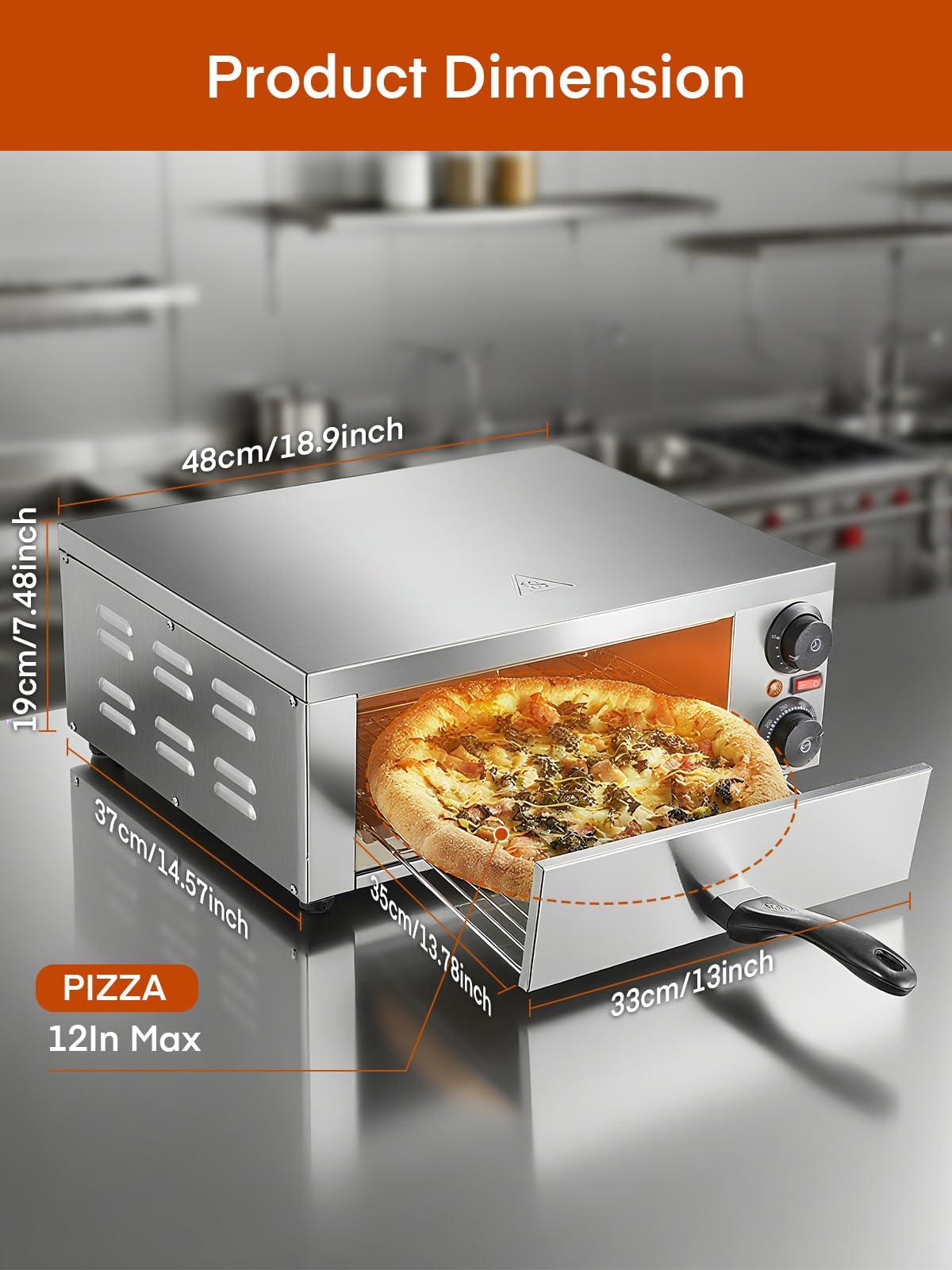 Professional Pizzaofen 2000W, 12 Zoll Kommerzieller Pizzabackofen Elektrisch Edelstahl mit 15-Minuten-Timer 350℃ für Pizza, Brot und Backwaren