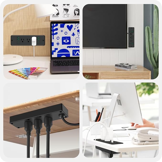 HHSOET Tira de Conexiones Empotrable con 6 Salidas, Puertos USB-C de 45 W, Negro, 6 pies, 2 unidades | Para Muebles, Organizador de Escritorio, Accesorio para Gaming, Estación de Carga Oculta, Extensor de Enchufe, Cable de Extensión Plano miniatura 7
