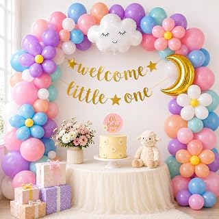 Party Propz Welcome Baby Decoration- (69Pcs) Baby Welcome Home Decoration Kit | Pastel And Foil Balloons For Welcome Home Decoration | Welcome Little One banner (Cardstock,Latex,Foil)(Multicolor)