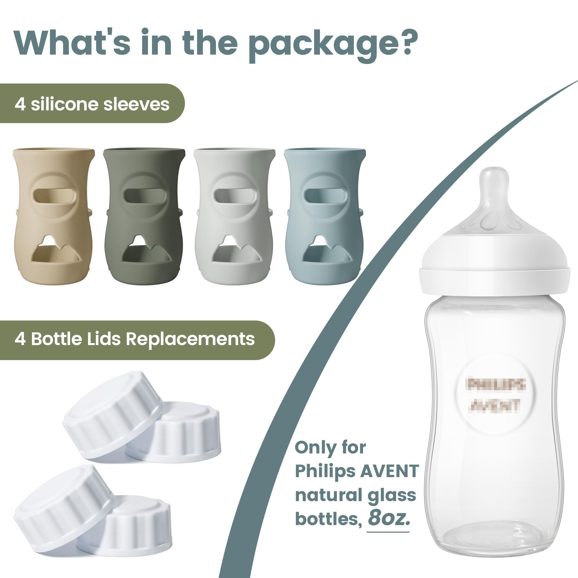 Lot de 4 manchons en silicone pour bouteille Philips Avent Natural, housse en silicone de qualité alimentaire et 4 bouchons de voyage, couvercles de rechange (bleu foncé + vert foncé + gris +