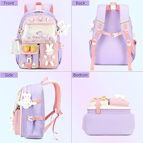 Miniatura 8 de Mochila para niñas, juego de bolsa de libros con lonchera y estuche para lápices, mochilas escolares de conejito kawaii para niña, 3 piezas de