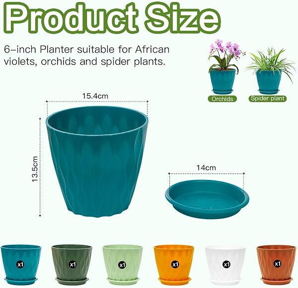 Omtofo Maceteros Decorativos Interior de Plástico 15.4 cm con Plato, 6 Piezas Maceta Redonda con Orificios de Drenaje, Macetas Plastico para Interior y Balcón, Suculentas y Cactus - 2