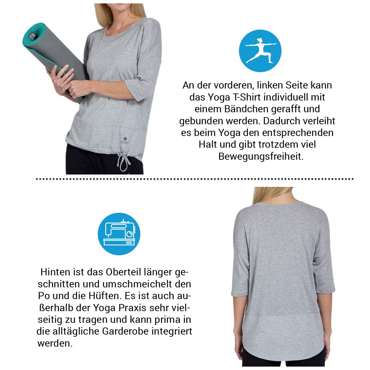 Magadi - Maglietta da Yoga Sara Grey da Donna, in Cotone Biologico, per Yoga, Pilates, Gym, equa e sostenibile, Grigio, XS