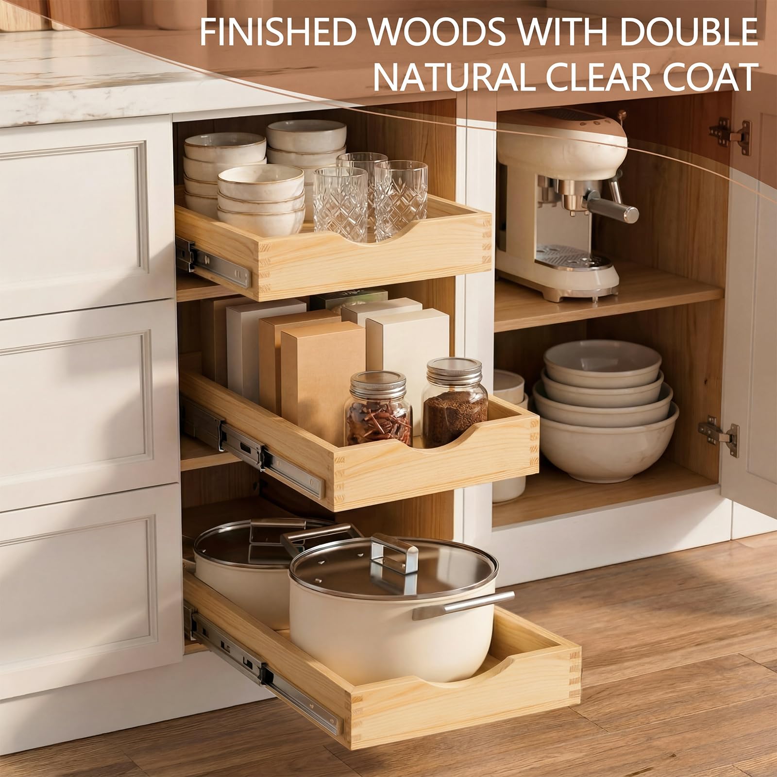Menkxi Juego de 2 bandejas extraíbles para gabinete, cajones extraíbles de madera, estante de despensa deslizante para armario base, cocina, cierre suave, accesorios totalmente montados (color madera,