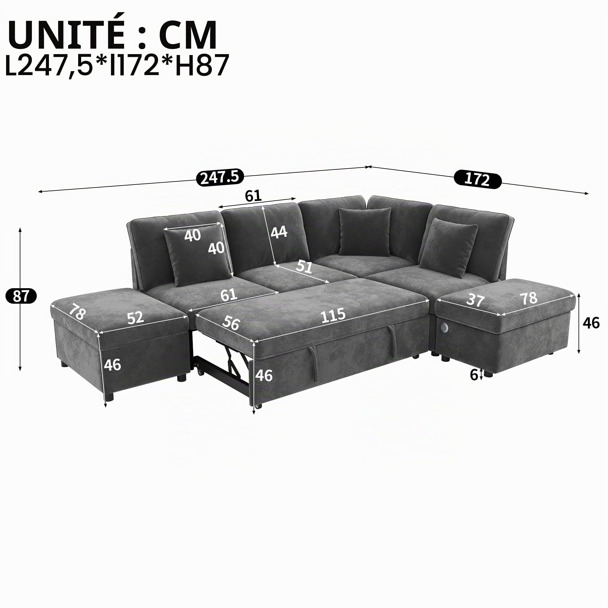 Canapé d'angle 6 Places Forme L Modulable RéVersible Gauche Droite, Fonction Convertible Lit Gigogne, Pouf De Rangement Amovible, Ports USB Type C, 3 Coussins Fournis