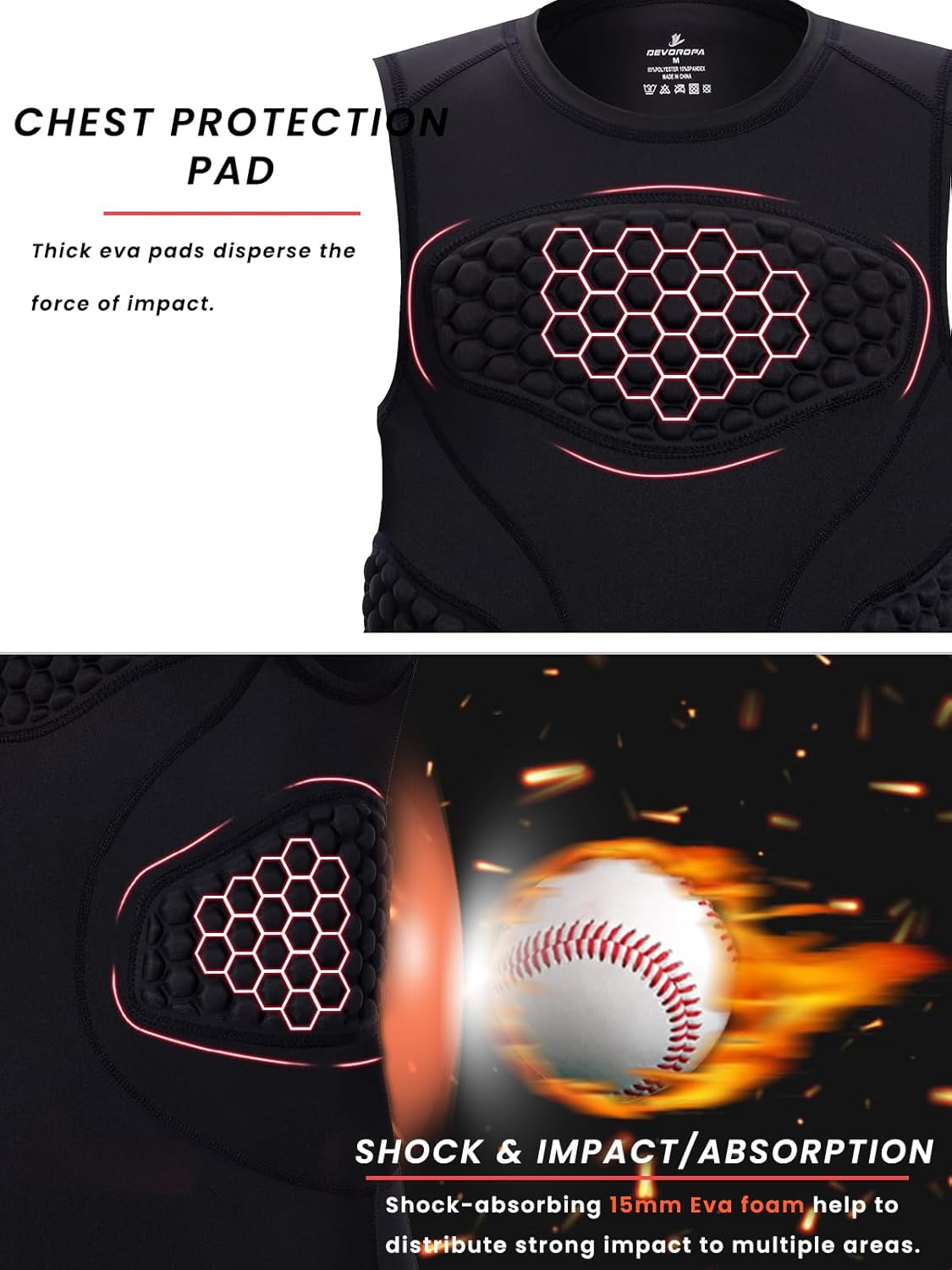 DEVOROPA Youth Boys Football Baseball Padded Compression Shirt Chest Protector Softball Lacrosse Rib Heart Sternum Guard - Image 5