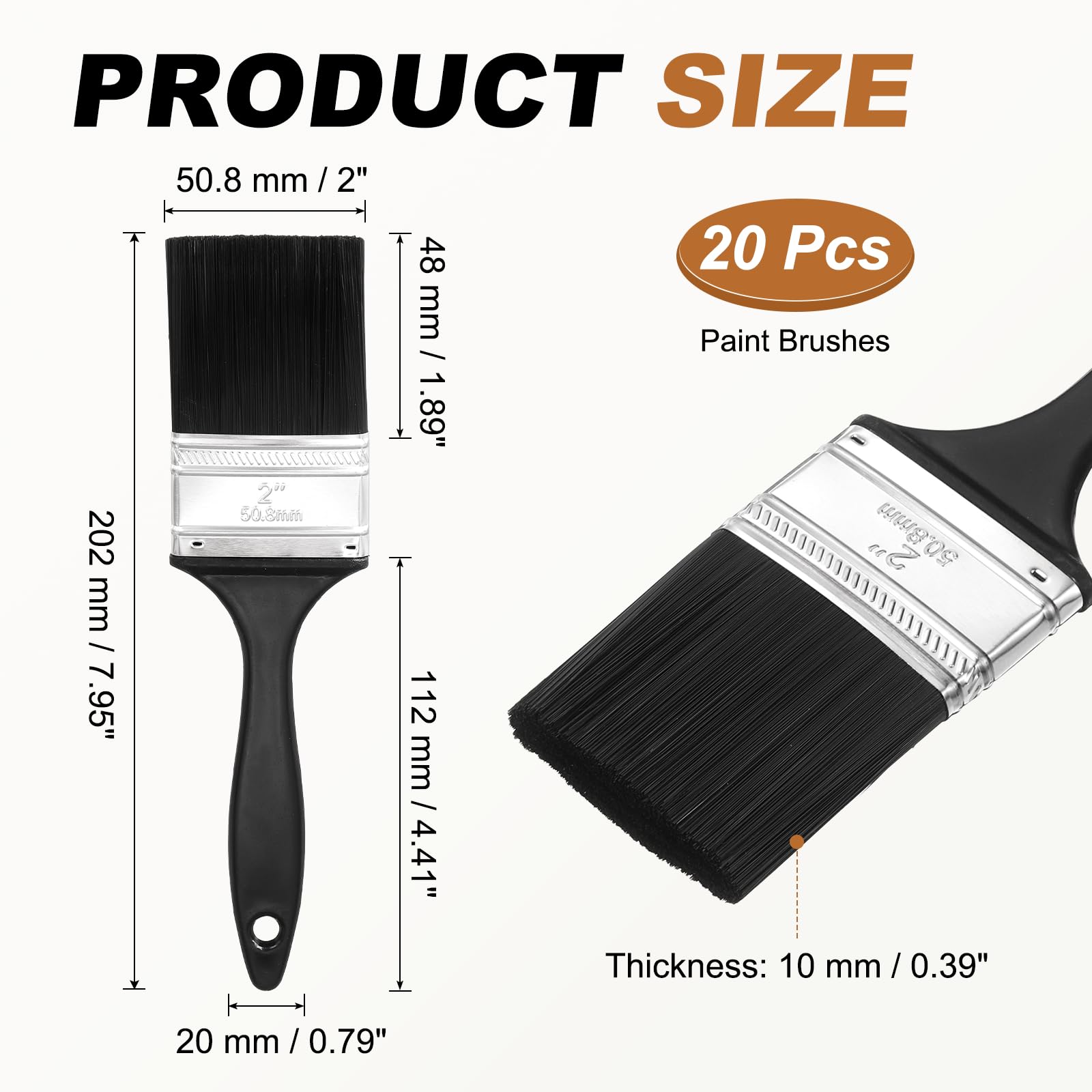 QUARKZMAN 20 Pezzi Pennelli 2"/50mm, Pennello Piatto Setole In Nylon Con Manico In Plastica, Pennello Professionale Per Pittura Acrilica E Vernici Latex E Olio, Nero