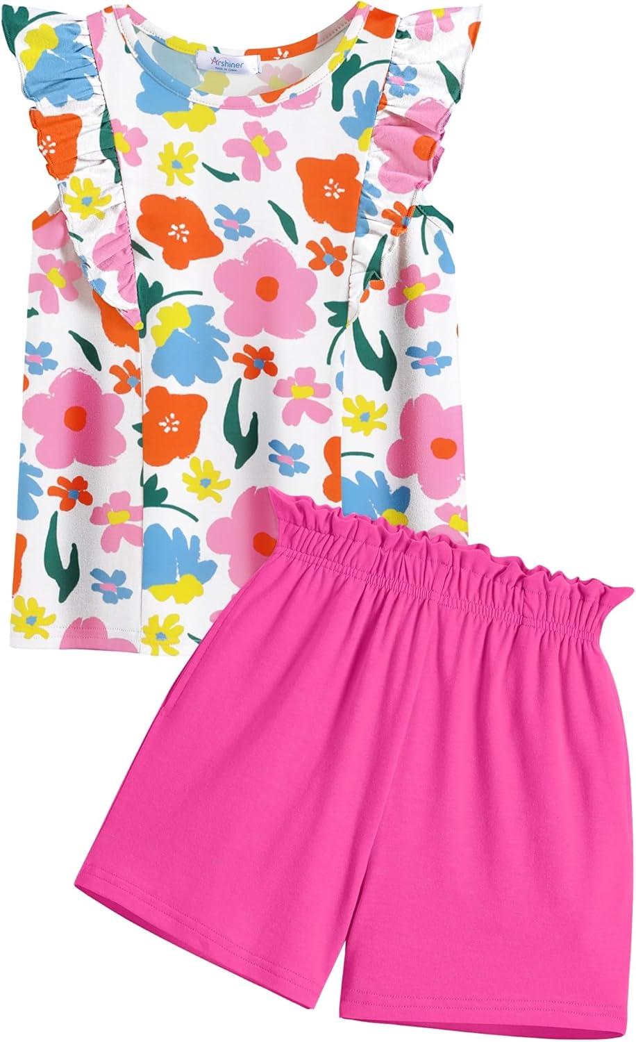 Arshiner Girls Clothes Summer Outfits Ruffle Sleeve Tops and Paperbag Waist Shorts with Pockets Kids Clothing Set