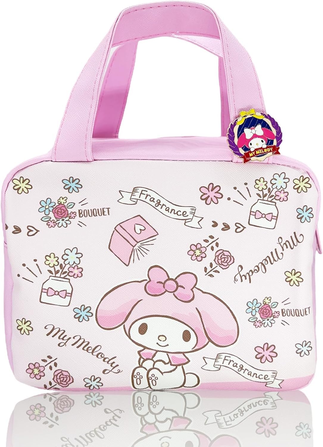 Kawaii Insulated Lunch Bag with Pin for Women, Reusable Large Capacity Lunch Box, Leakproof Lunch Tote Bag with Front Pocket, Lunchbox Container Thermal Cooler Bag Food Handbags for Work