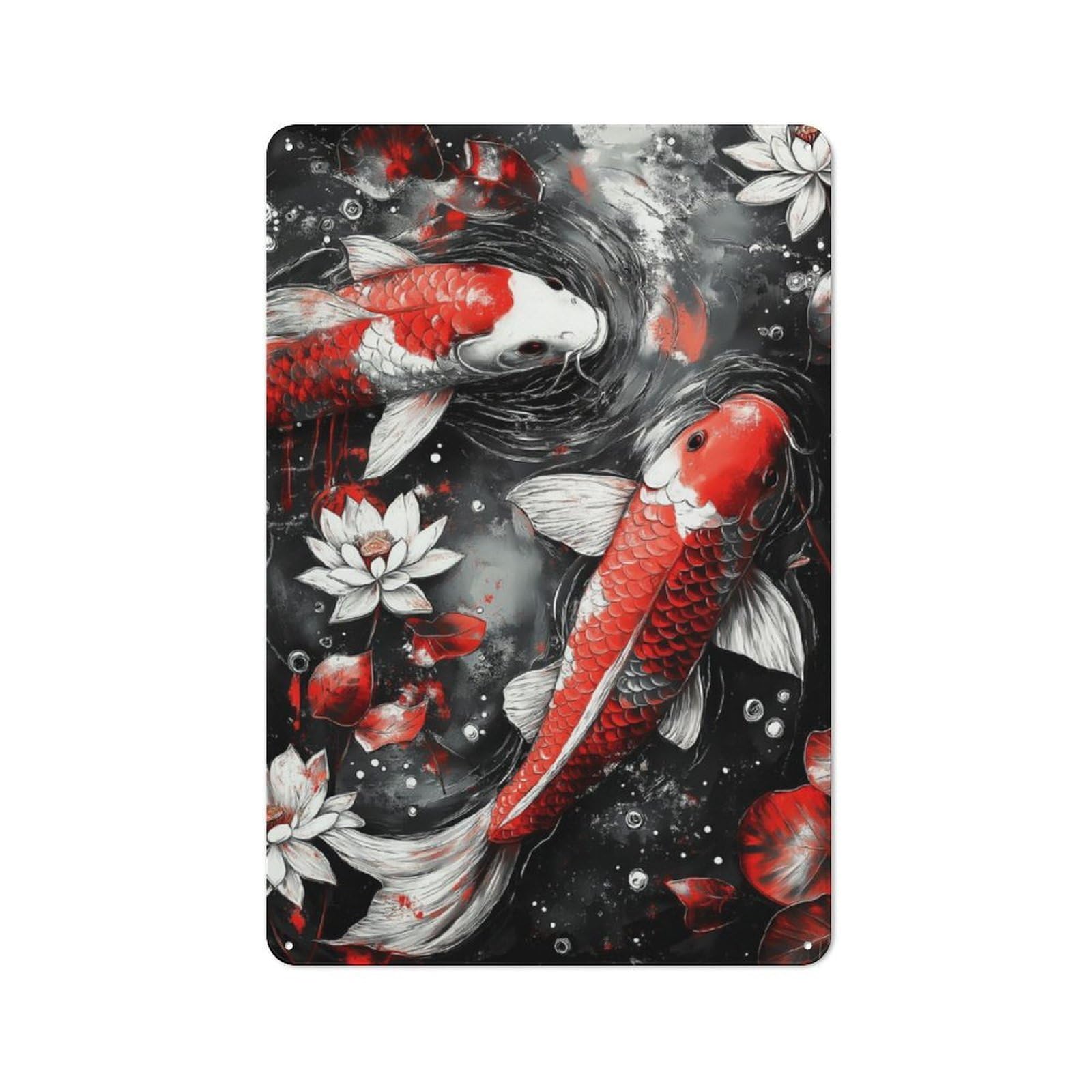 Junmoney Koi Fish Watercolor Art Tin Wall Plaque 30X20cm With For Studio Or Craft Room, For Metal Sign Collectors, For Kitchen And Home Bar Decor