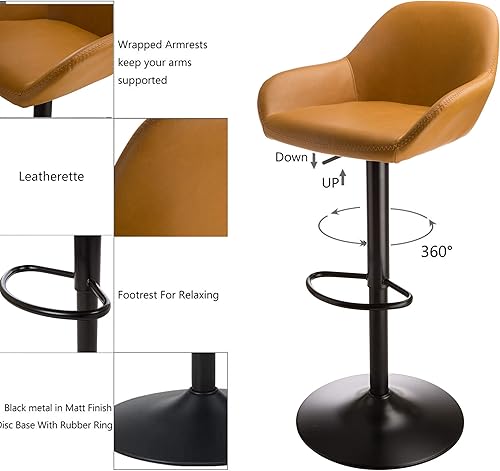 Miniatura 24 de Glitzhome Mid Century - Juego de 2 taburetes de bar ajustables de cuero giratorio vintage con respaldo y reposapiés, taburetes de bar modernos de