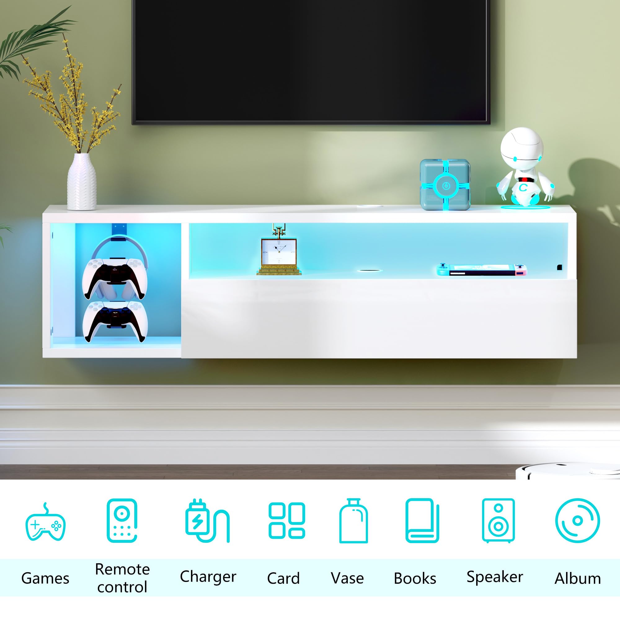 SogesPower LED TV-Konsole wandmontiert mit Beleuchtung LED TV-Ständer mit Aufbewahrung, Schwebendes Regal für Wohnzimmer & Schlafzimmer |Weiß 100x28.5x30 cm
