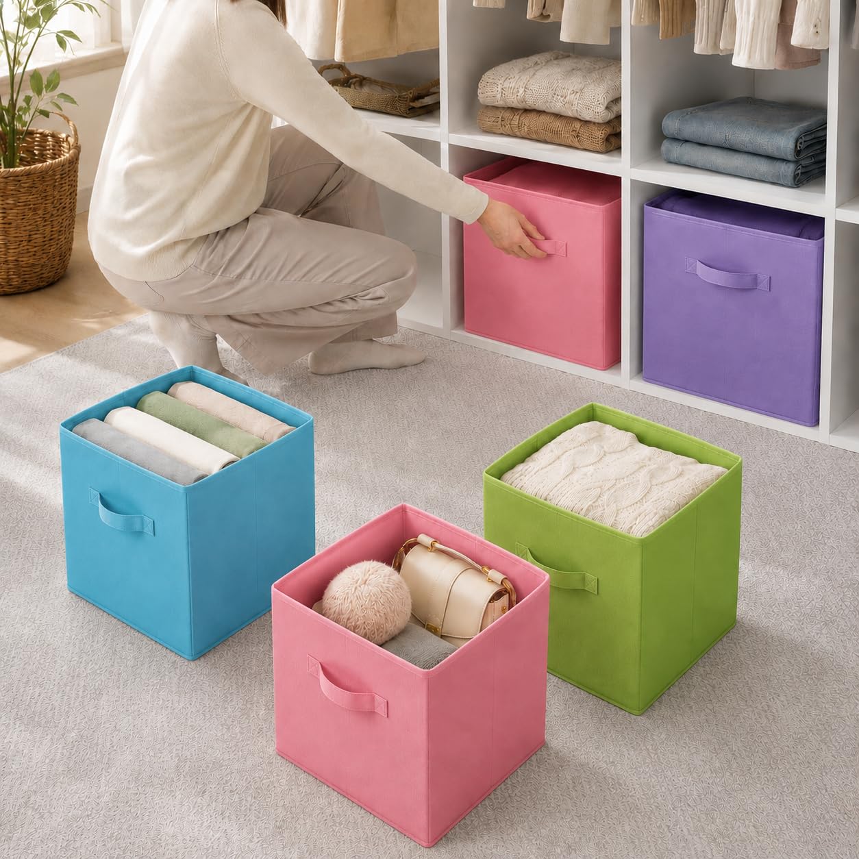 Cestas de almacenamiento Aura de 26,7 cm, resistentes cubos de almacenamiento de tela con asas, 2 mm de grosor, antiflacidez, cestas de almacenamiento plegables para estantes, organizadores de armario