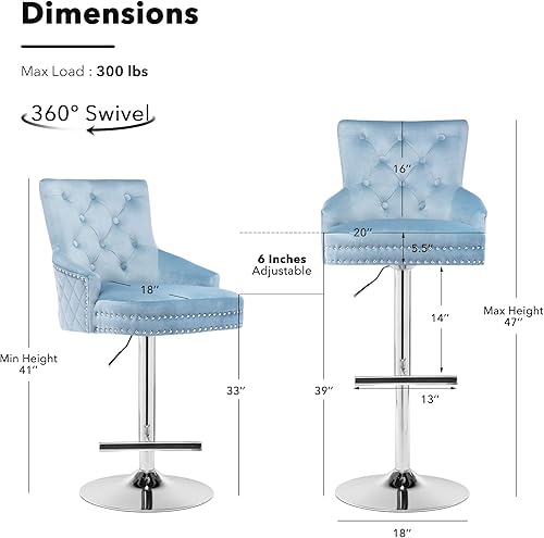 Miniatura 3 de UDAX Juego de 2 taburetes de bar, taburetes de bar ajustables con respaldo, sillas de bar giratorias de terciopelo, gris claro