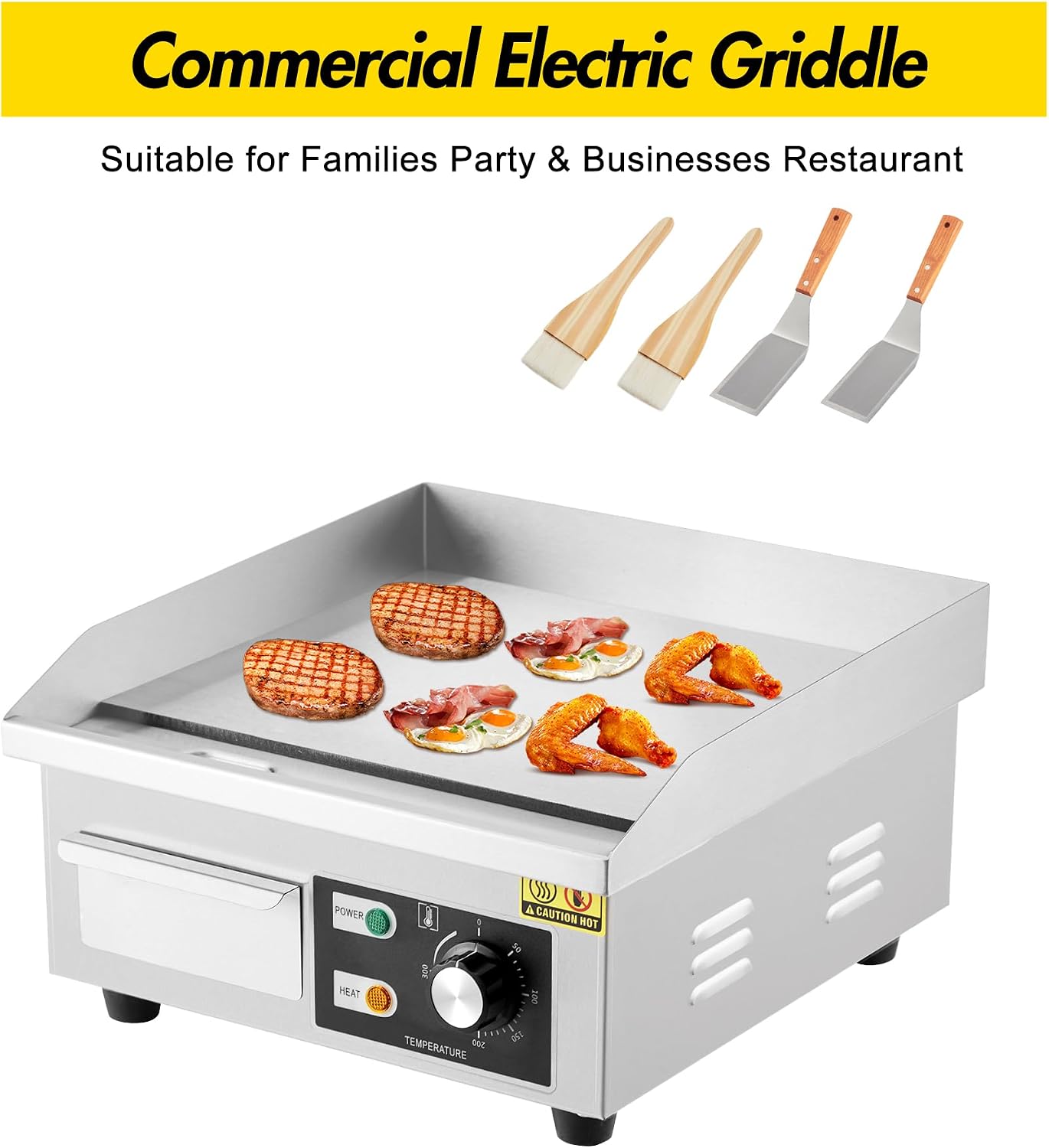 18 Inch 1600W Commercial Electric Griddle – Stainless Steel Flat Top Grill with 122-572°F Adjustable Temp, 2 Shovels & 2 Brushes, Countertop BBQ Teppanyaki Grill for Home & Restaurants