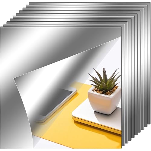 Zonon Flexible Mirror Sheets Self Adhesive Non Glass Mirror Tiles Mirror Stickers for Home Wall Decor (10 Pieces, 6 x 6 Inches)