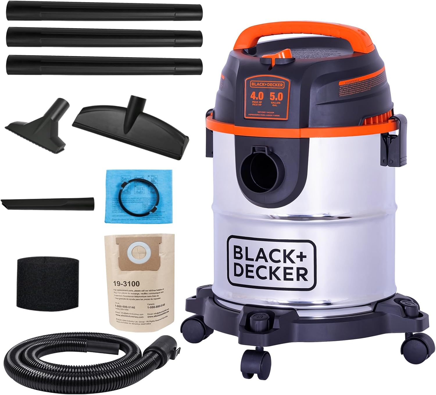BLACK+DECKER Shop Vacuum Wet and Dry, 5 Gallon 3-in-1 Stainless Steel Shop Vac with Accessories, 4 HP Vacuum Cleaner, for Workshop, Home, Garage and Pet, BDXV18143