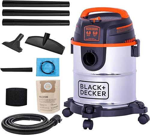BLACK+DECKER Shop Aspiradora húmeda y seca, aspiradora de acero inoxidable 3 en 1 de 5 galones con accesorios, aspiradora de 4 HP, para taller,