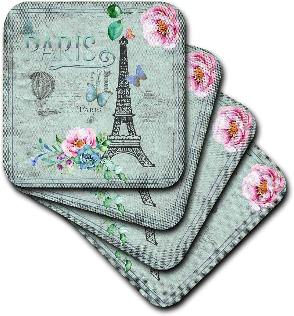 3D Rose Paris France Eiffel-Tower Shabby Floral Text Illustration Vintage Ceramic Tile Coasters, Multicolor