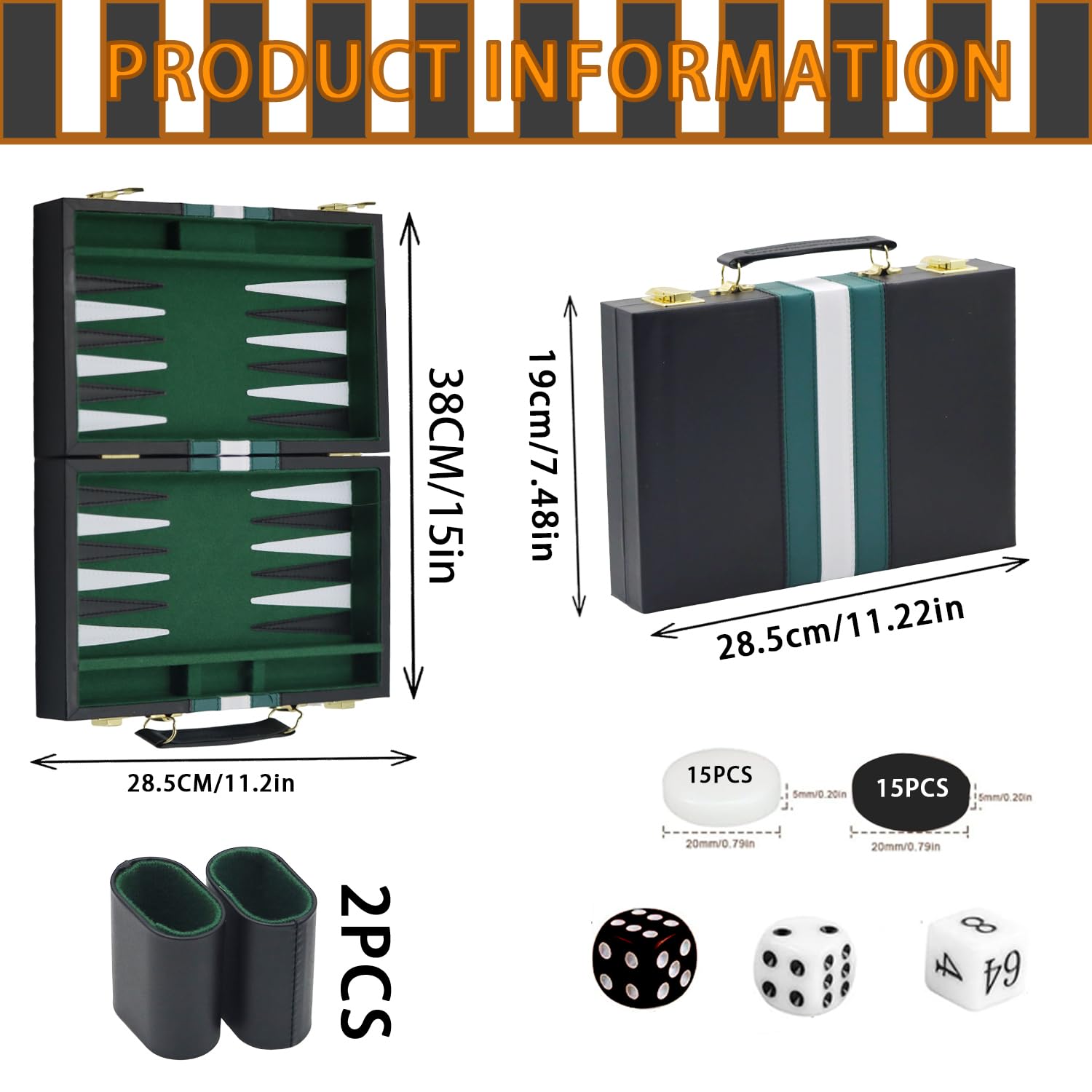 Backgammon de Juego Estuche de 11 Pulgadas con Accesorios Completos Portátil de Viaje Juego de Backgammon Madera (Negro)