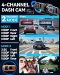 IIWEY N5 4 Canal Dash Cam, 360° Vue sur tous les sites, FHD 1080P Intérieur avant et arrière, Caméra de Dash droit gauche pour voitures, 8 IR Lampes, 5G WiFi & APP Contrôle, 24H Mode de stationnement, G-Sensor, avec un 128GB SD Carte